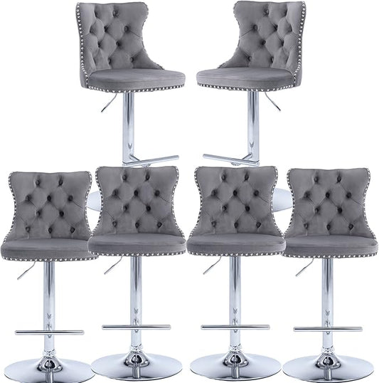 Rhomtree Velvet Swivel Bar Stools Upholstered Bar Stool with Button Tufted Back and Pull Ring Height Adjustable Barstools 25-33 Inch for Home Pub and Kitchen Island (Gray with Silver Base, Set of 6)