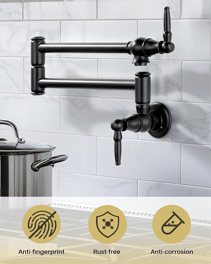 Pot Filler Faucet Matte Black: Solid Brass Wall Mount Heavy Duty Stove Pot Filler with Double Joint Swing Arms - Single Hole Commercial Folding Stretchable Faucet 2 Handles for Kitchen Restaurant