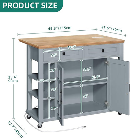 YITAHOME Kitchen Island with Drop Leaf & Power Outlet, Rolling Kitchen Cart on Wheels, Americana Kitchen Island Cabinet with Open Shelves for Kitchen Dining Room, Thicker Rubberwood Top, Grey Blue