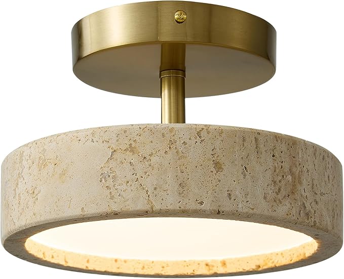 Wabi Sabi 8-inch Yellow Travertine Ceiling Light Fixture - Japanese Semi Flush Mount light with Brushde Gold Metal Base, Hardwired Stone Lamp for Bathroom, Kitchen, Bedroom, Hallway & Entryway