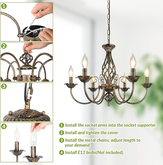 6-Light Farmhouse Candle Chandelier for Living Room, Rustic Industrial Pendant Ceiling Light fixture, Vintage Ceiling Hanging Lamp for Bedroom Hallway Kitchen Dining Room Foyer, Brown E12 Socket