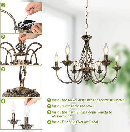6-Light Farmhouse Candle Chandelier for Living Room, Rustic Industrial Pendant Ceiling Light fixture, Vintage Ceiling Hanging Lamp for Bedroom Hallway Kitchen Dining Room Foyer, Brown E12 Socket