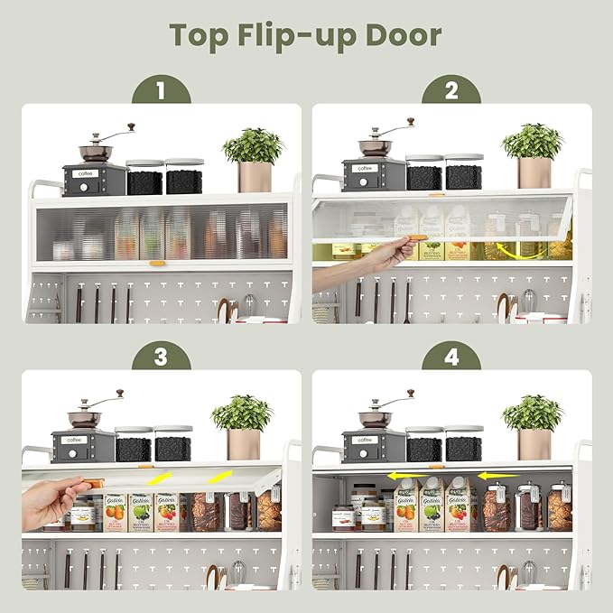 Giantex Pantry Organizers and Storage, 63.5" H Kitchen Buffet Cabinet with Hutch, Pegboard, 8 Hooks & 1 Hanging Storage Box, Standing Bakers Rack with Flip-up PC Doors, Tool-Free Assembly (White)