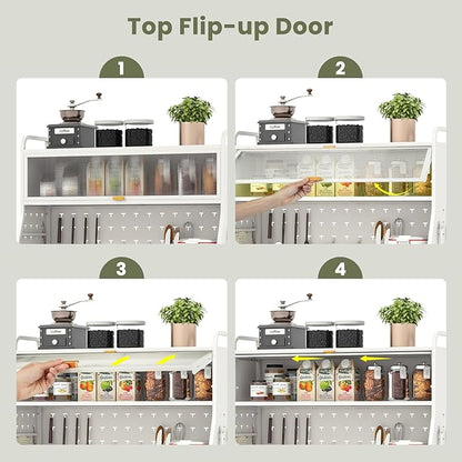 Giantex Pantry Organizers and Storage, 63.5" H Kitchen Buffet Cabinet with Hutch, Pegboard, 8 Hooks & 1 Hanging Storage Box, Standing Bakers Rack with Flip-up PC Doors, Tool-Free Assembly (White)