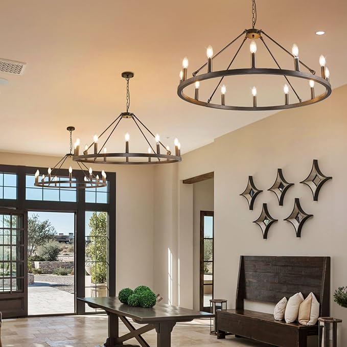 12-Light Black Farmhouse Chandelier, Large Wagon Wheel Chandeliers, Rustic Entryway Lighting Fixture, Foyer Chandeliers for High Ceilings, Round Chandelier for Living Room, Bedroom, Kitchen Island