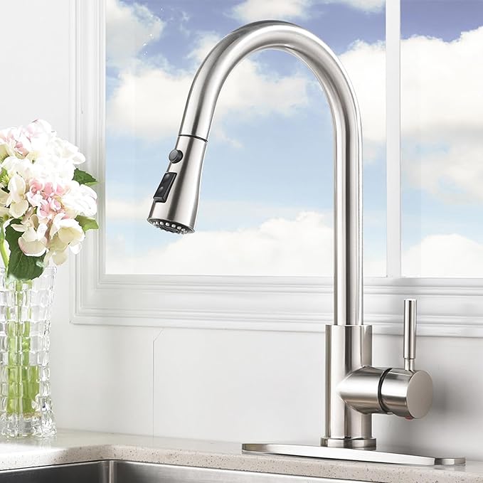 Kitchen Faucets with Pull Down Sprayer, Brushed Nickel High Arc RV Laundry Bar Commercial Sink Faucet, 1 or 3 Hole Stainless Steel Single Handle Faucets for Kitchen Sink with Deck Plate