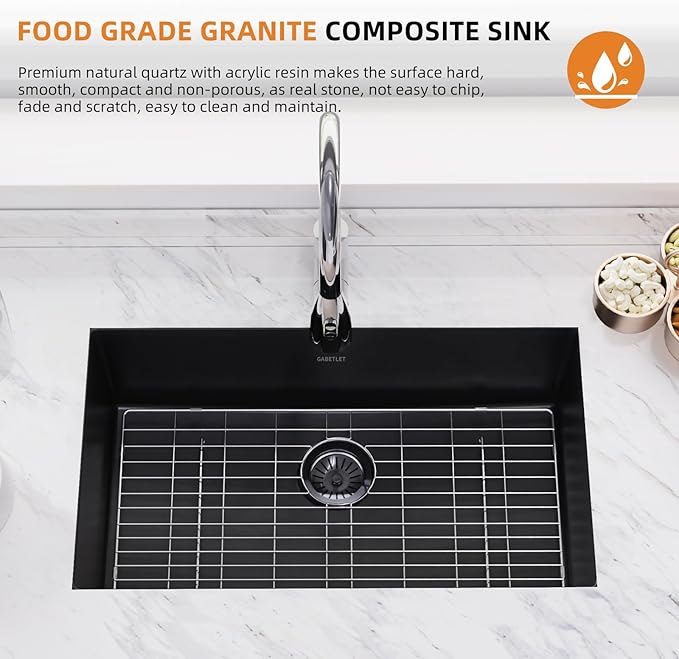 30-inch Granite Composite Kitchen Sink, GABETLET Undermount Quartz Kitchen Sinks with Spacious Workspace and Easy Cleaning, Black Single Bowl Deep Sink with Complete Accessories