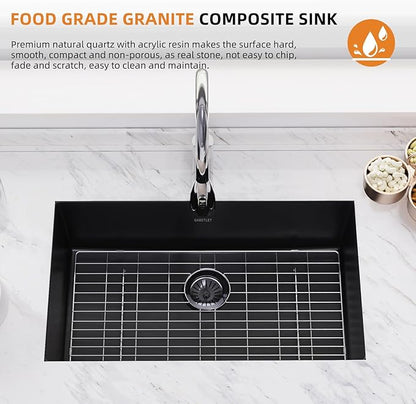 30-inch Granite Composite Kitchen Sink, GABETLET Undermount Quartz Kitchen Sinks with Spacious Workspace and Easy Cleaning, Black Single Bowl Deep Sink with Complete Accessories