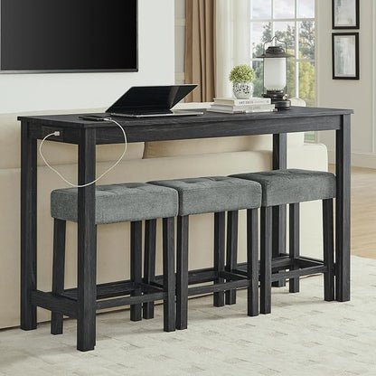 HMFULE 59'' Bar Table and Chairs Set with Power Outlet, Industrial Breakfast Table Set with 3 Padded Stools, Solid Wood Console Table Set for Living Dining Room, Black
