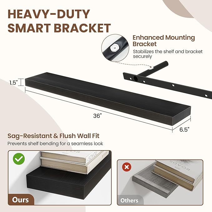 Acovy 36 Inch Floating Shelves for Wall 2 Pack, 36" Wall Shelves for Books, Storage, Decor, Wall Mounted Floating Shelf with Invisible Brackets for Kitchen, Living Room, Black