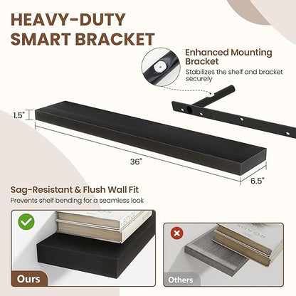 Acovy 36 Inch Floating Shelves for Wall 2 Pack, 36" Wall Shelves for Books, Storage, Decor, Wall Mounted Floating Shelf with Invisible Brackets for Kitchen, Living Room, Black