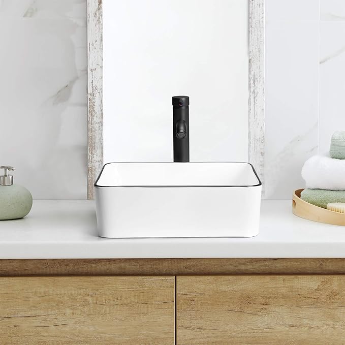 Modern 16" x 12" Rectangle Vessel Sink with Faucet, White Porcelain Above-Counter Bathroom Basin with Black Edge, Stylish Vanity Countertop Sink for Powder Room & Small Spaces