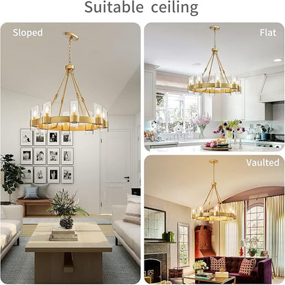 WUZUPS Wagon Wheel Chandelier 8-Light with Clear Glass Industrial Modern Farmhouse Round Light Fixture for Dining Room Kithen Island Foyer, Width 26" Height 22", Gold