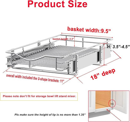 DINDON Pull Out Cabinet Organizer, (11" W x 18" D) Heavy-Duty Metal Sliding Drawer Shelf, Bathroom Under Sink Kitchen Cabinets Organizer and Storage Slide Out Shelves, Chrome, 1 Tier, 2 Pack