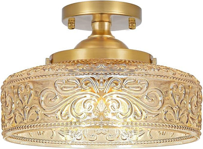 Gold Semi Flush Mount Ceiling Light, 3-Light Close to Ceiling Light with Amber Glass, Vintage Hallway Lights, Brass Closet Light Fixture, Kitchen Flush Ceiling Mount for Entryway Bedroom Bathroom,E12