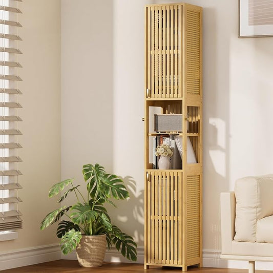 Amazer 70'' Tall Bathroom Storage Cabinet Bamboo, Narrow Storage Cabinet with Rattan Doors and Adjustable Shelves, Slim Freestanding Organizer for Living Room, Kitchen, Natural Color