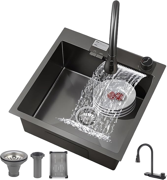 Black Kitchen Sink, 15 Inch Nano Stainless Steel Waterfall, Countertop Workstation Single Sink Set & Accessories, for Countertop, Kitchen, Bar (BLACK, 15 x 15 IN)