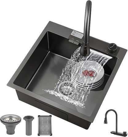 Black Kitchen Sink, 15 Inch Nano Stainless Steel Waterfall, Countertop Workstation Single Sink Set & Accessories, for Countertop, Kitchen, Bar (BLACK, 15 x 15 IN)