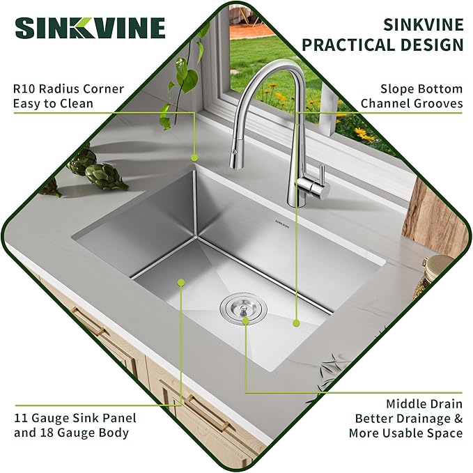 18-Inch Undermount Kitchen Bar Sink, SINKVINE Stainless Steel Indoor and Outdoor Sink for Laundry RV, 9-inch Deep Single Bowl with 3.5-inch Drain Strainer, Bottom Rise Grid, Roll-up Drying Unit, 18x18