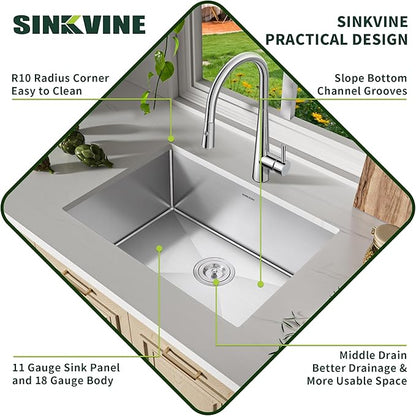 18-Inch Undermount Kitchen Bar Sink, SINKVINE Stainless Steel Indoor and Outdoor Sink for Laundry RV, 9-inch Deep Single Bowl with 3.5-inch Drain Strainer, Bottom Rise Grid, Roll-up Drying Unit, 18x18