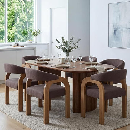 Farmhouse Dining Chairs Set of 6 - Upholstered Armchairs with Linen Cushions & Curved Wooden Arms, Barrel Wood Kitchen Chairs for Dining Room/Cafe/Kitchen Island (Espresso Brown)