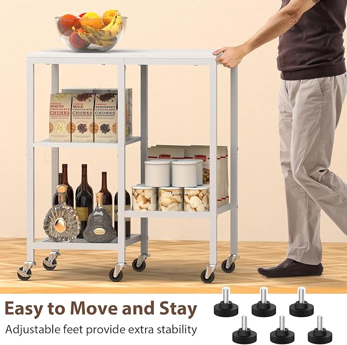 Kitchen Microwave Cart with Wheels,Coffee Bar Table Station,4-Tier Rolling Baker's Oven Rack,Small Appliance Storage Shelf,Utility Trolley Side Table for Kitchen,Office, Living Room (Snowy White)