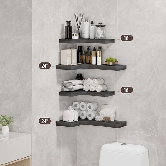 SAUMONIERES Corner Floating Shelves 24 Inch Wall Mount Shelf Solid Wood for Bedroom Bathroom Kitchen Storage Set of 2, Black