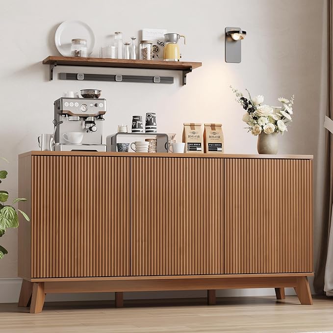 GarveeHome 58" Modern Farmhouse Sideboard Buffet Cabinet with Adjustable Shelves Storage & 4 Doors, Wood Buffet Console Table, Curved Design, Cupboard Coffee Bar Cabinet for Dining Room, Living Room
