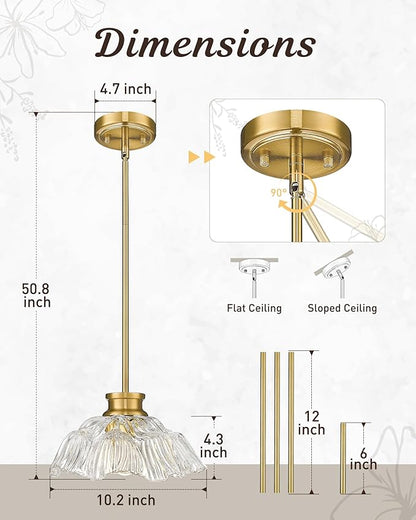 Gold Pendant Light, HWH Kitchen Island Lighting for Living Rooms, Dining Room, Modern Pendant Light Fixture with Clear Flower Glass, Brushed Gold Finish, 5HJX112MIL BG