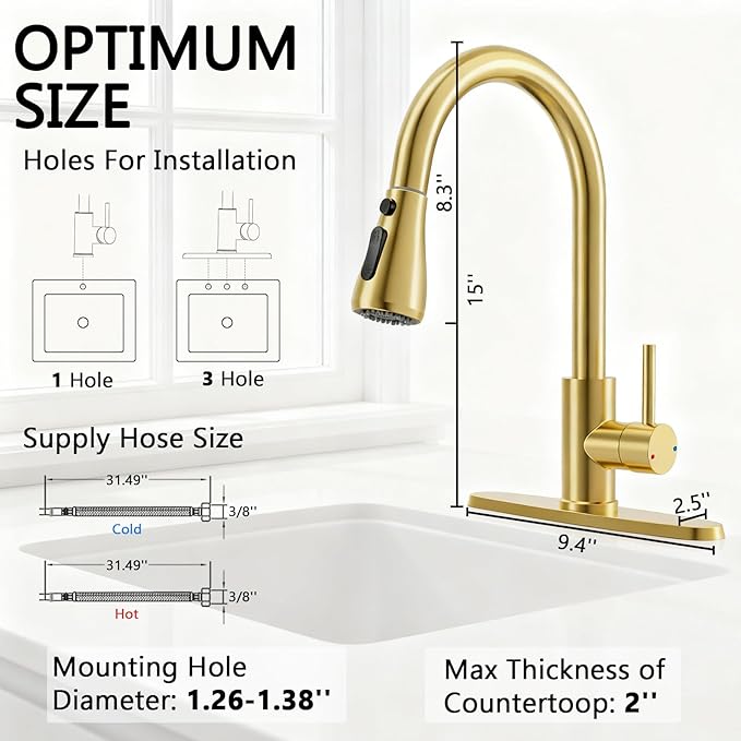 FEELSO Kitchen Faucets with Pull Down Sprayer, High Arc Single Handle Kitchen Sink Faucet, 1 or 3 Hole Brushed Nickel Water Faucets for Farmhouse Laundry Camper Rv Bar (Gold)