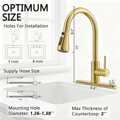FEELSO Kitchen Faucets with Pull Down Sprayer, High Arc Single Handle Kitchen Sink Faucet, 1 or 3 Hole Brushed Nickel Water Faucets for Farmhouse Laundry Camper Rv Bar (Gold)