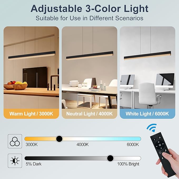 39" Wood Linear Pendant Light, Wood Dining Chandelier with Remote, 24W LED Dimmable Pendant Lights Kitchen Island, Linear Hanging Chandelier for Dining Room, Bar, Pool Table-Natural