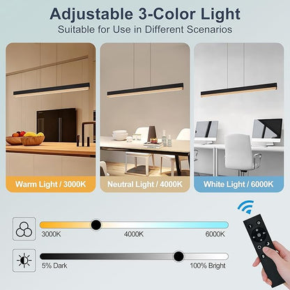 39" Wood Linear Pendant Light, Wood Dining Chandelier with Remote, 24W LED Dimmable Pendant Lights Kitchen Island, Linear Hanging Chandelier for Dining Room, Bar, Pool Table-Natural