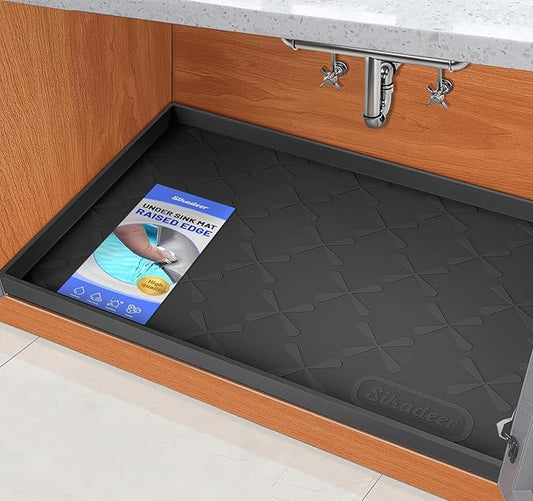 SIKADEER Waterproof Under Sink Mat 22x19, Raised Edge Silicone Mat Under Sink Shelf Liner, Sink Protector Kitchen Cabinet Tray for Bathroom Vanity and Small Cabinets, Cat Food Mat
