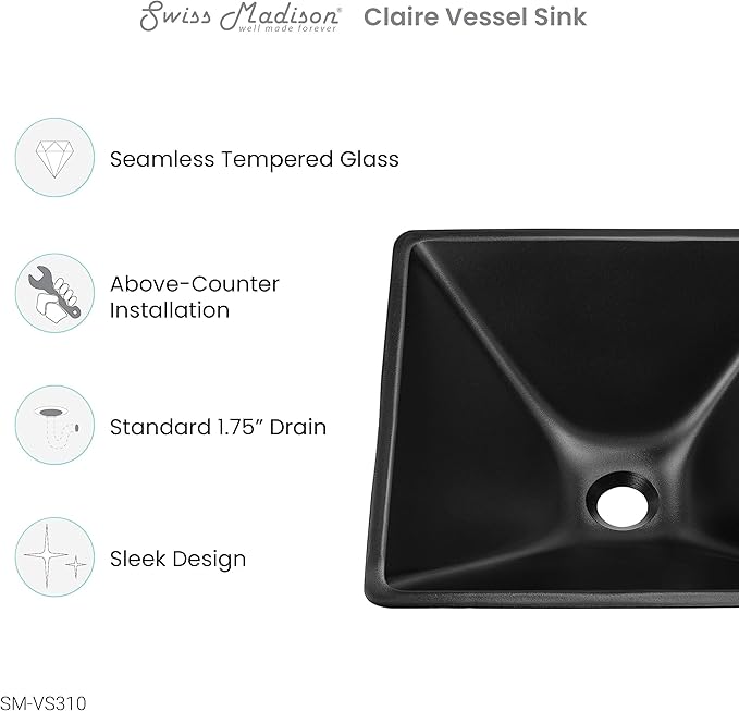 Swiss Madison Well Made Forever SM-VS310, Claire 15.5" Glass Vessel Sink, Black