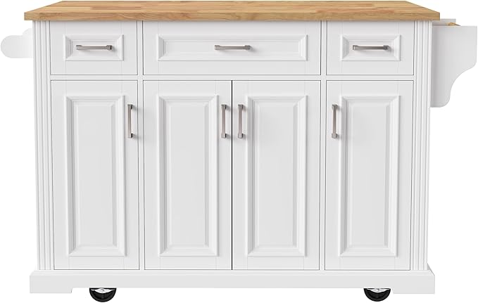 JIJIWANG 54" Large Kitchen Island with Drop Leaf and Storage, Embossed Texture Rolling Kitchen Cart on 4 Wheels with 4 Doors and 3 Drawers for Dining Room, White