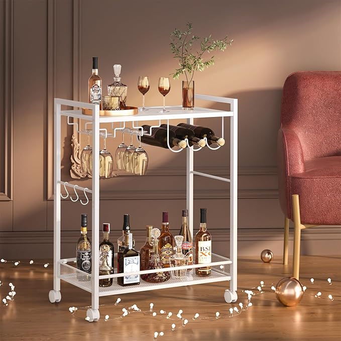 Joaxswe Bar Cart, Home Bar Serving Cart with 2-Tier Shelf,Rolling Beverage Cart with Wheels,Mobile Kitchen Shelf,Modern Wine Drink Cart with Wine Rack and Glass Holder for Kitchen,Dinning Room,White