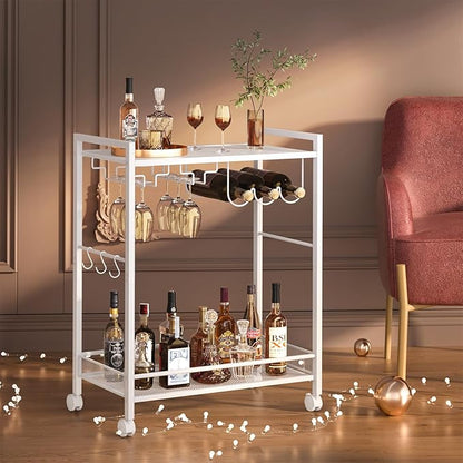 Joaxswe Bar Cart, Home Bar Serving Cart with 2-Tier Shelf,Rolling Beverage Cart with Wheels,Mobile Kitchen Shelf,Modern Wine Drink Cart with Wine Rack and Glass Holder for Kitchen,Dinning Room,White