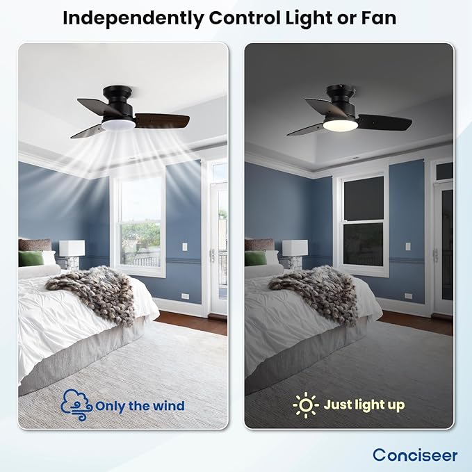 Conciseer 30 Inch Ceiling Fans with Lights and Remote, Bedroom Living Room Office, Flush Mount, 3CCT Dimmable, Dual Color 3 Blades, 6 Speed Reversible Quiet DC Motor, Black/Wood Grain, 2 Pack