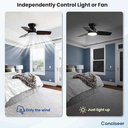 Conciseer 30 Inch Ceiling Fans with Lights and Remote, Bedroom Living Room Office, Flush Mount, 3CCT Dimmable, Dual Color 3 Blades, 6 Speed Reversible Quiet DC Motor, Black/Wood Grain, 2 Pack