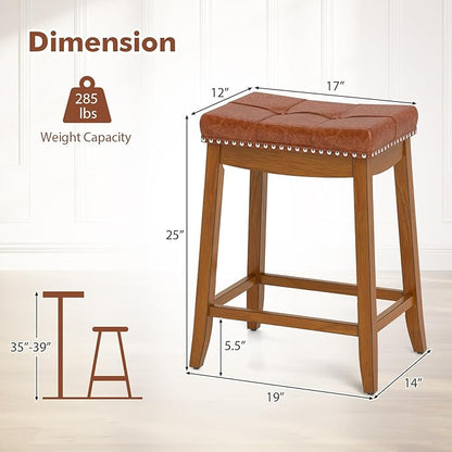 COSTWAY Saddle Bar Stools Set of 2, 25-Inch Counter Height Barstools w/PU Leather Seat, Solid Rubber Wood Frame, Footrest, Mid-Century Backless Counter Stools for Kitchen Island Home Bar