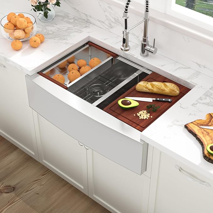 Sarlai 36 Farmhouse Kitchen Sink Double Bowl - 36 x 22 Inch Farm Sink Stainless Steel Apron Front 16 Gauge Ledge Workstation Sinks Low Divide 50/50 Double Basin Under Counter Kitchen Farmer Sinks