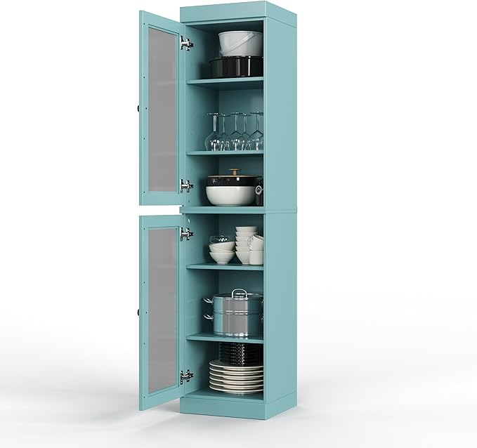 Palace Imports Solid Wood Kitchen Pantry Cabinet w/Glass Doors - Narrow Storage Cabinet - 16.5" Wide x 71.5" Tall - Aqua, Adjustable Shelves, 100% Eco-Friendly Wood, Modular Cabinets