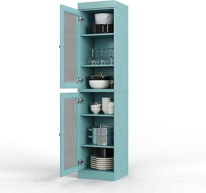 Palace Imports Solid Wood Kitchen Pantry Cabinet w/Glass Doors - Narrow Storage Cabinet - 16.5" Wide x 71.5" Tall - Aqua, Adjustable Shelves, 100% Eco-Friendly Wood, Modular Cabinets