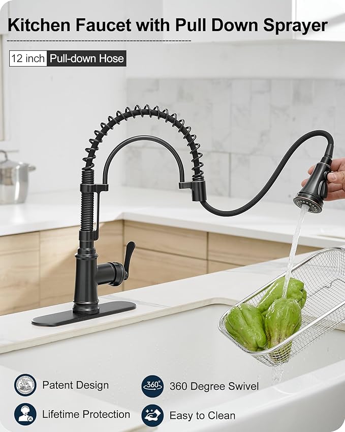 3 Modes Bronze Kitchen Faucet with Pull Down Sprayer, Single Hole Kitchen Sink Faucet 3 Hole, Stainless Steel High Arc Spring Style, 360 Degree Swivel with One Handle & Deck Plate for Farmhouse