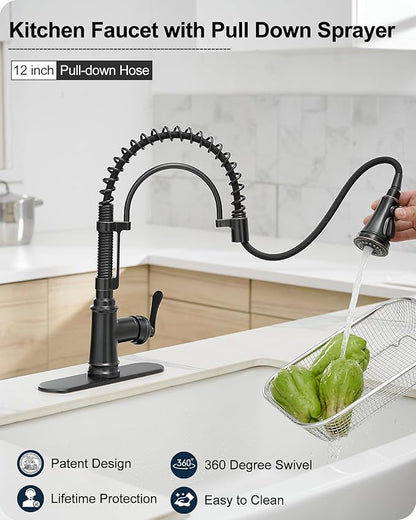 3 Modes Bronze Kitchen Faucet with Pull Down Sprayer, Single Hole Kitchen Sink Faucet 3 Hole, Stainless Steel High Arc Spring Style, 360 Degree Swivel with One Handle & Deck Plate for Farmhouse
