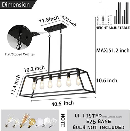 Farmhouse Rectangle Chandeliers for Dining Rooms, Modern Linear Hanging Light Fixture Matte Black 6-Light Industrial Pendant Lighting for Kitchen Island