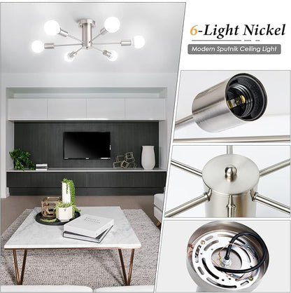 Kitchen Light Fixtures 6 Lights Ceiling Lights Fixture Nickel Modern Semi Flush Mount Lighting Sputnik Chandelier for Bedroom Dining Room Hallway