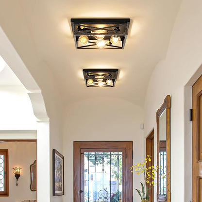 2 Pack Flush Mount Ceiling Light, Modern Farmhouse Light Fixture,Industrial Square Metal Cage Ceiling Light for Kitchen, Hallway E26 Base(13in)