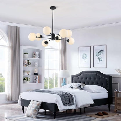 BOKT Modern 8-Lights Globe Sputnik Chandelier Mid Century Matte Black Chandelier Ceiling Mount Light Fixture with Milky White Glass Glass Lampshade for Dining Room Living Room